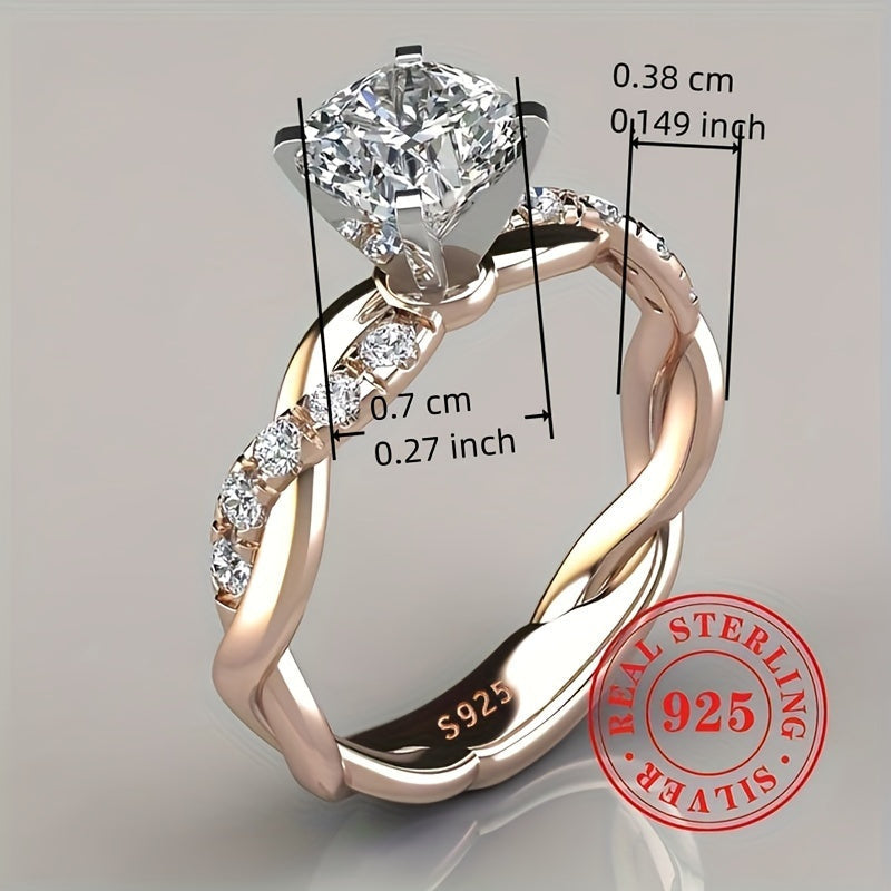 Bague de fiançailles halo torsadée en or rose, argent sterling 925, oxyde de zirconium taille princesse, 4 griffes, style bohème vintage, bague de mariage pour femme, tailles 6-10, cadeau de bijoux