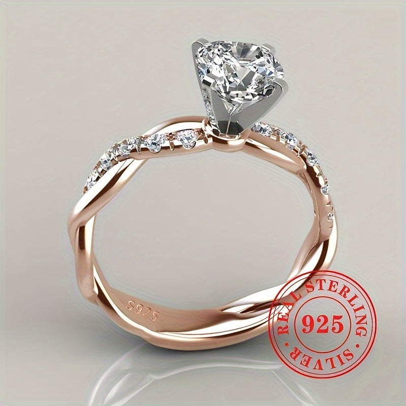 Bague de fiançailles halo torsadée en or rose, argent sterling 925, oxyde de zirconium taille princesse, 4 griffes, style bohème vintage, bague de mariage pour femme, tailles 6-10, cadeau de bijoux