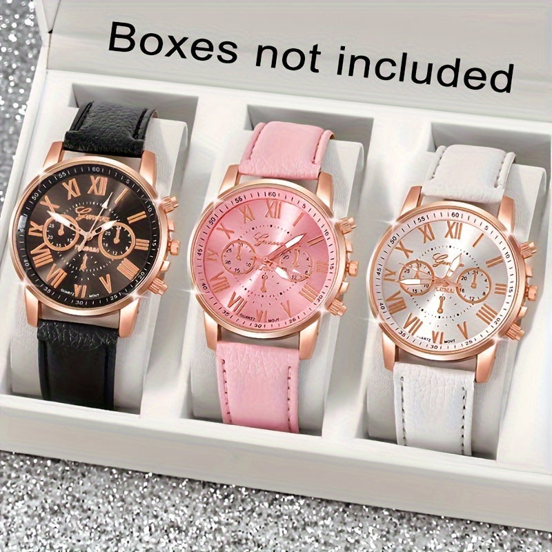 Coffret de 3 montres à quartz pour femme avec chiffres romains - Montre analogique tendance à cadran rond avec bracelets en noir, blanc et rose, élégant coffret cadeau pour anniversaire, Saint-Valentin et fêtes