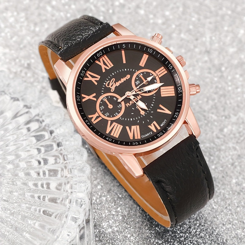 Coffret de 3 montres à quartz pour femme avec chiffres romains - Montre analogique tendance à cadran rond avec bracelets en noir, blanc et rose, élégant coffret cadeau pour anniversaire, Saint-Valentin et fêtes