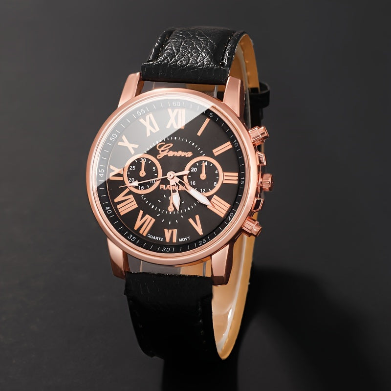 Coffret de 3 montres à quartz pour femme avec chiffres romains - Montre analogique tendance à cadran rond avec bracelets en noir, blanc et rose, élégant coffret cadeau pour anniversaire, Saint-Valentin et fêtes