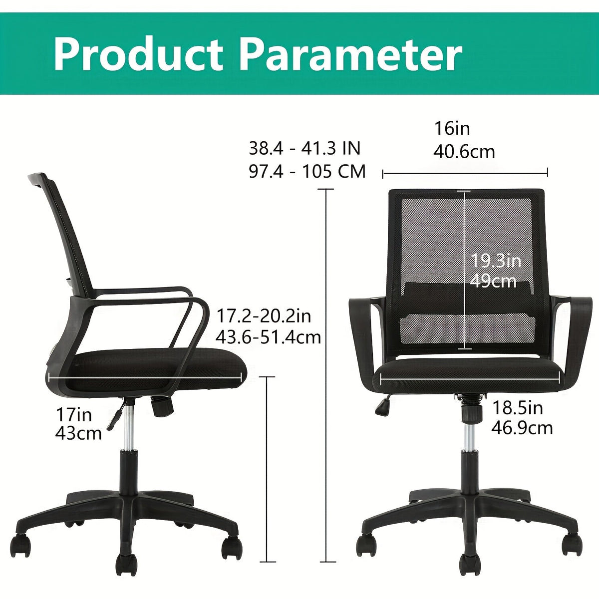 Chaise de bureau ergonomique à dossier moyen en filet, pivotante à 360°, base à 5 roulettes, support lombaire, chaise d'ordinateur pour bureau à domicile - Capacité de 250 lb, disponible en noir, gris, bleu, blanc et rose