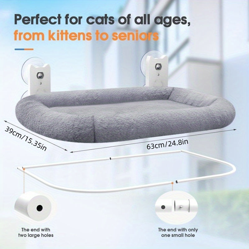 Grand perchoir de fenêtre pour chat avec hamac rembourré – Structure en acier supportant 18 kg, 4 ventouses puissantes, siège de bronzage pour chat d'intérieur de 63 x 39 cm, installation facile sans perçage