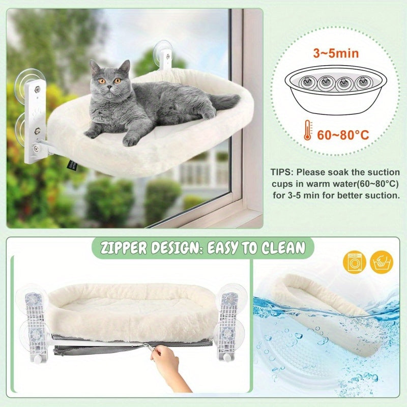 Grand perchoir de fenêtre pour chat avec hamac rembourré – Structure en acier supportant 18 kg, 4 ventouses puissantes, siège de bronzage pour chat d'intérieur de 63 x 39 cm, installation facile sans perçage