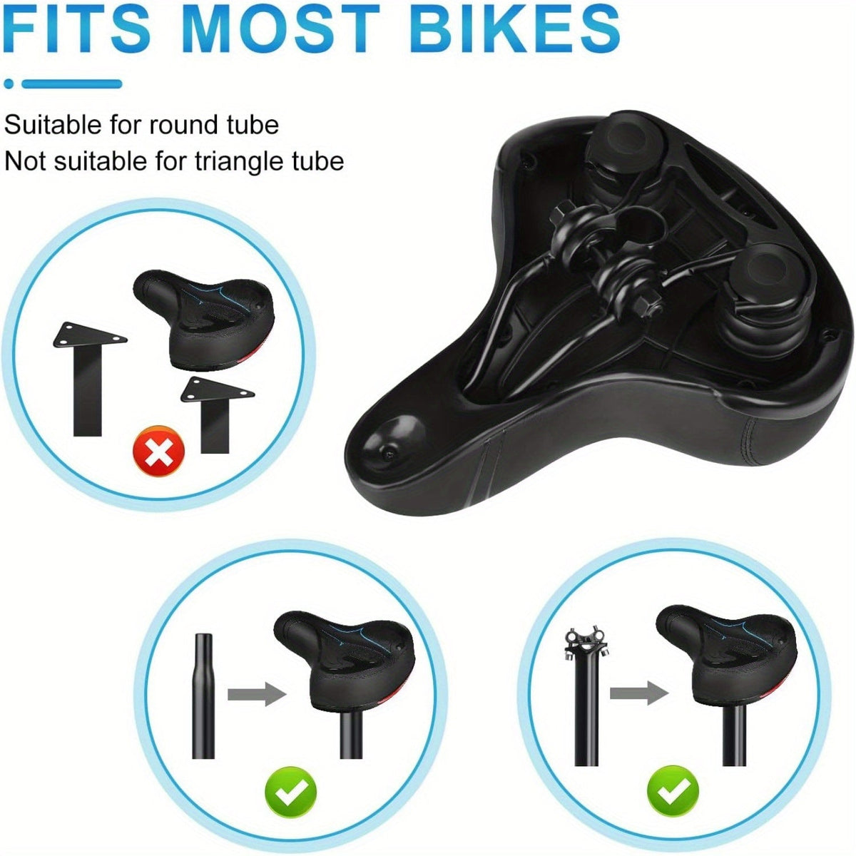 Selle de vélo rembourrée en gel, imperméable et absorbant les chocs – Coussin large en cuir et mousse souple avec bande réfléchissante pour vélos de ville, de montagne, de route et de sport, ajustement universel pour hommes et femmes