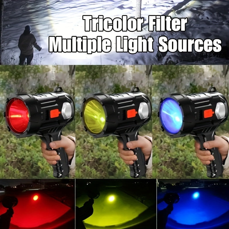 Projecteur LED rechargeable 2000 lumens – 6 modes et 3 filtres colorés, lampe torche portative de 200 m de portée avec câble USB pour bateau, chasse, camping, randonnée, urgence et éclairage domestique