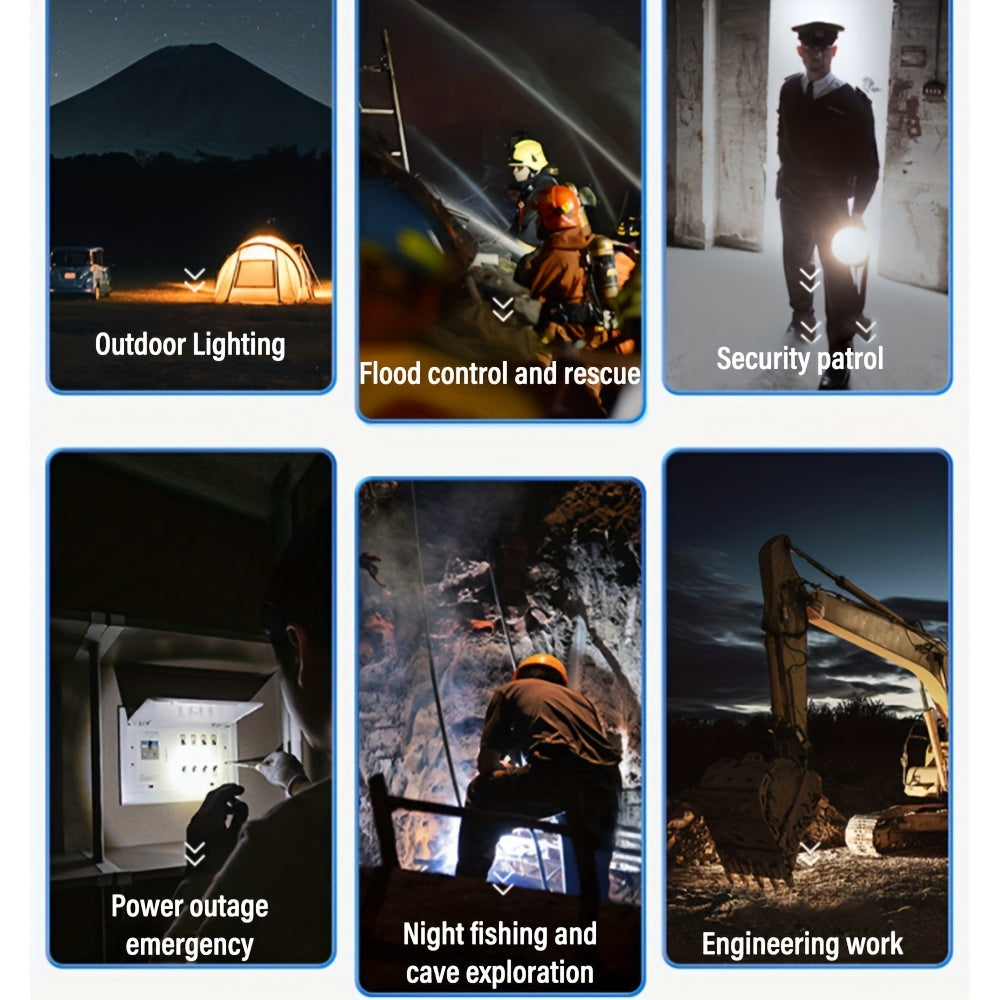 Projecteur LED rechargeable 2000 lumens – 6 modes et 3 filtres colorés, lampe torche portative de 200 m de portée avec câble USB pour bateau, chasse, camping, randonnée, urgence et éclairage domestique