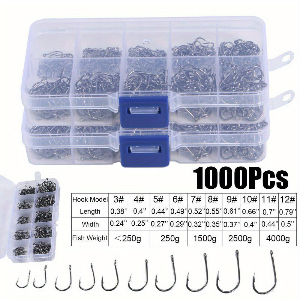 1000 hameçons assortis, tailles n°3 à n°12, en acier au carbone, pointus et ardillonnés, avec boîte de rangement portable, équipement de pêche en eau douce et en mer pour bar, truite et carpe – Noir et argent