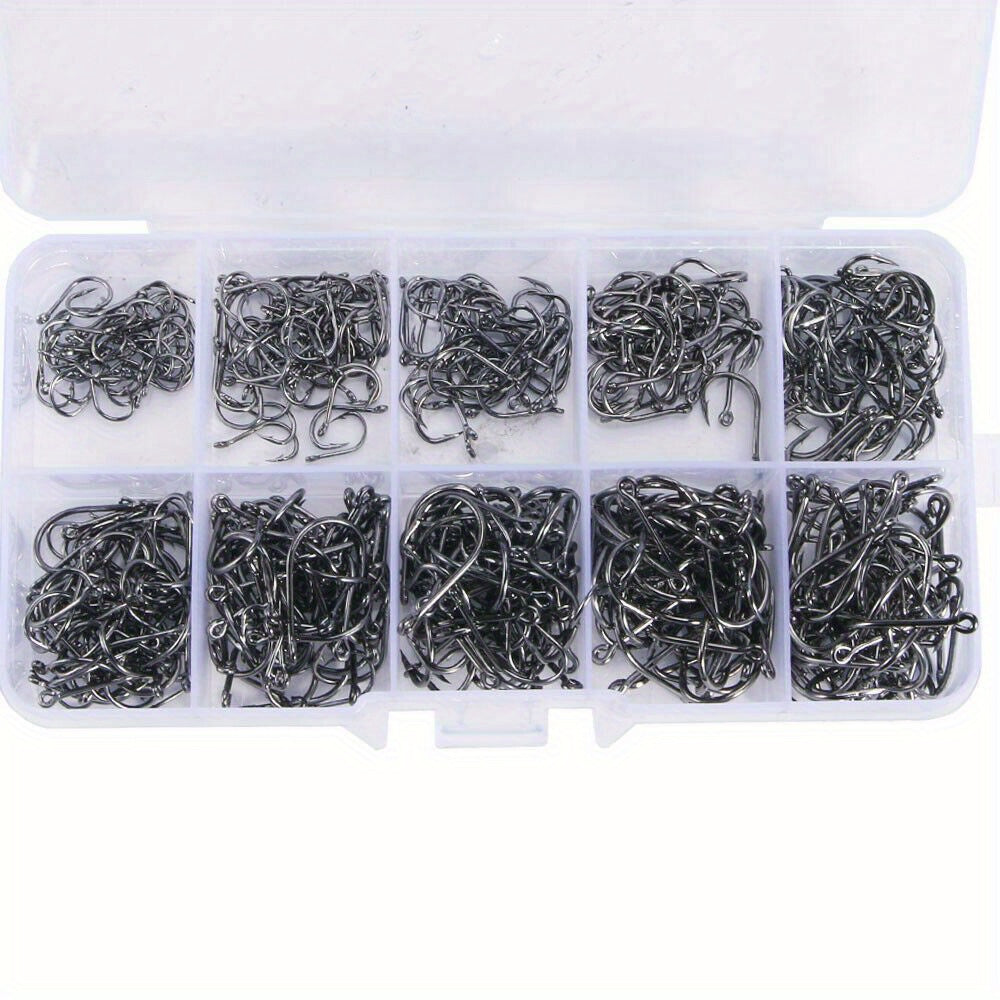 1000 hameçons assortis, tailles n°3 à n°12, en acier au carbone, pointus et ardillonnés, avec boîte de rangement portable, équipement de pêche en eau douce et en mer pour bar, truite et carpe – Noir et argent