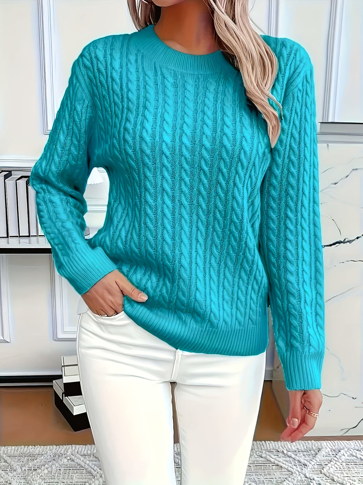 Pull-over pour femme à col rond – Haut en tricot doux de couleur unie pour tenue décontractée et habillée, essentiel de superposition toutes saisons, bleu ciel, tailles XS-XXL