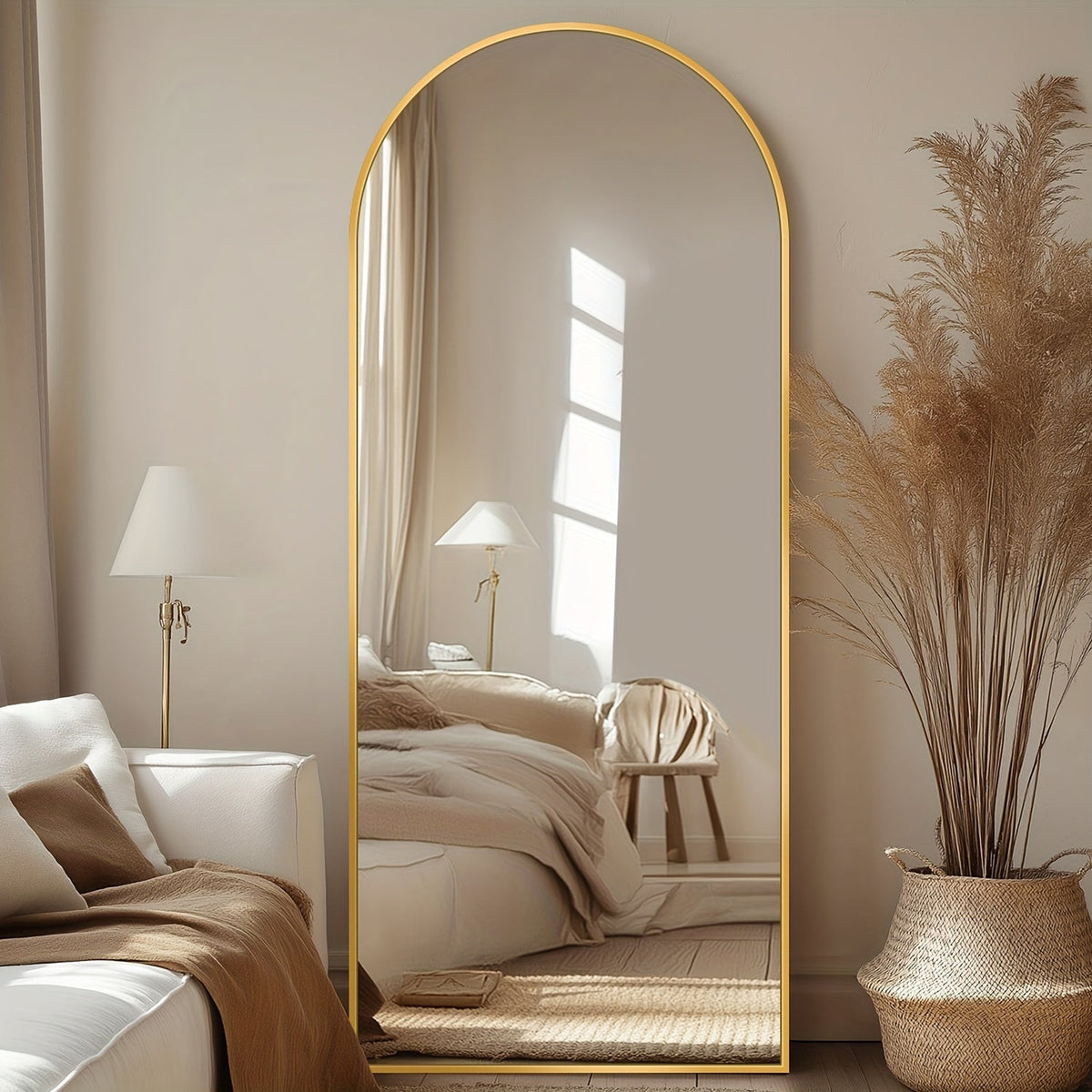 Miroir sur pied pleine longueur à sommet cintré – Miroir plein corps avec support pour chambre, salon et dressing, peut être fixé au mur, disponible en 3 tailles et 2 coloris (noir et doré)