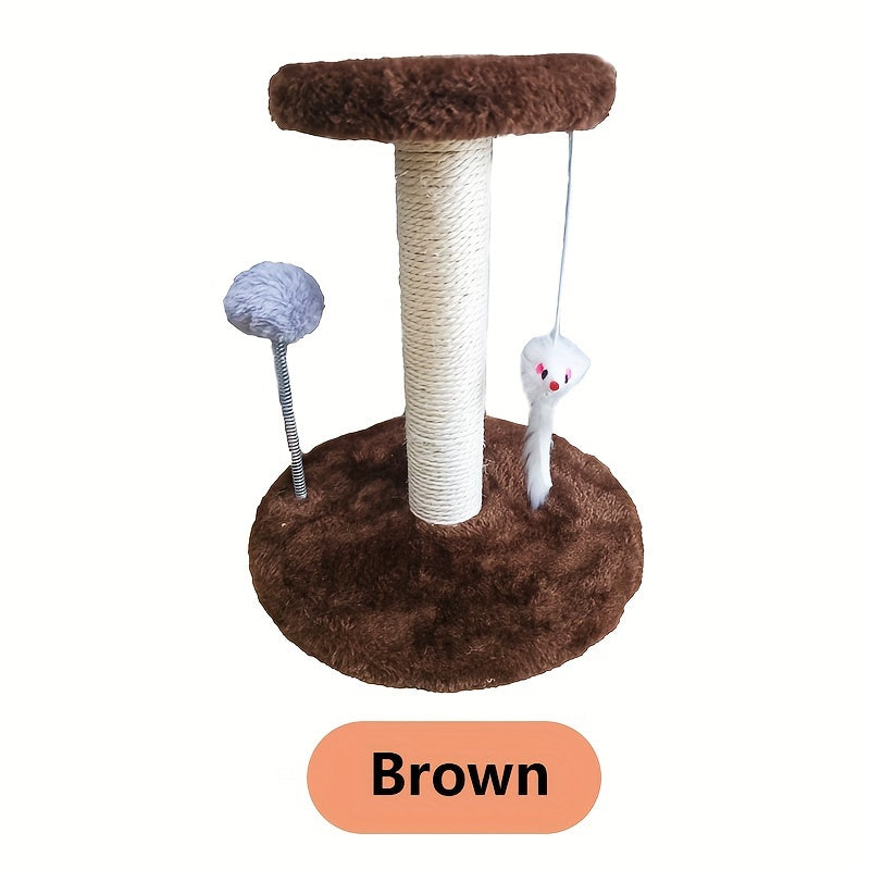 Arbre à chat avec griffoir, souris suspendue et balle sur ressort, tour d'activité pour chatons et jeunes chats, blanc, gris, marron