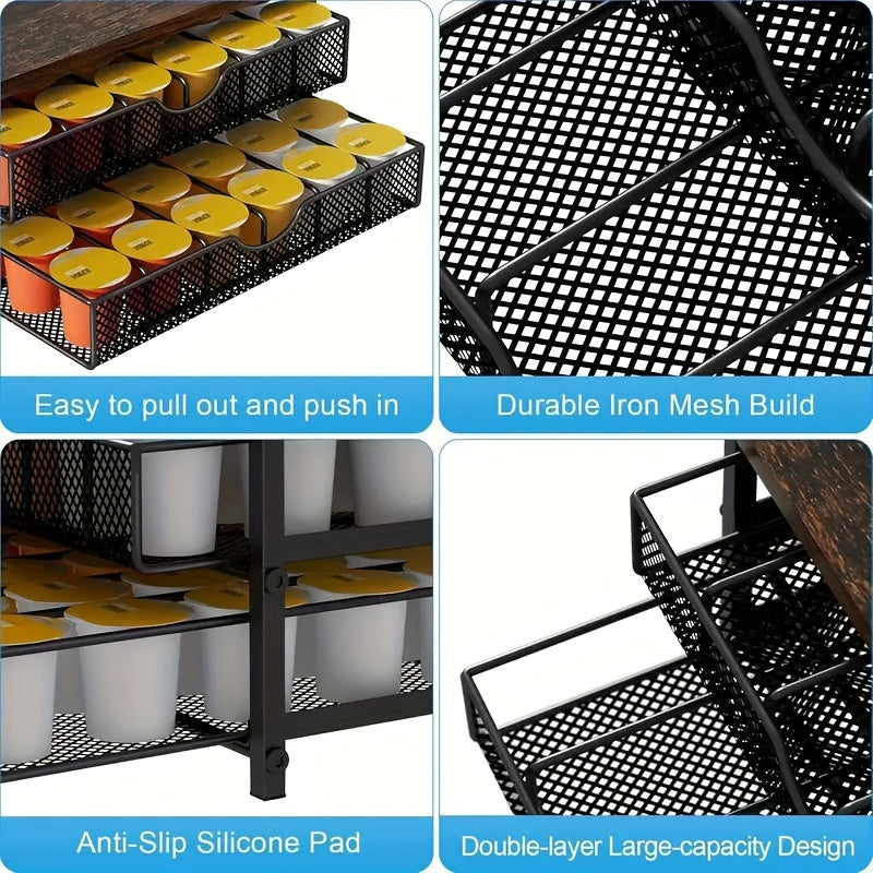 Tiroir de rangement pour capsules de café K-Cup, organisateur pour capsules Keurig Nespresso, panier coulissant à double étage, capacité de 48 capsules, station à café pour comptoir de cuisine, marron