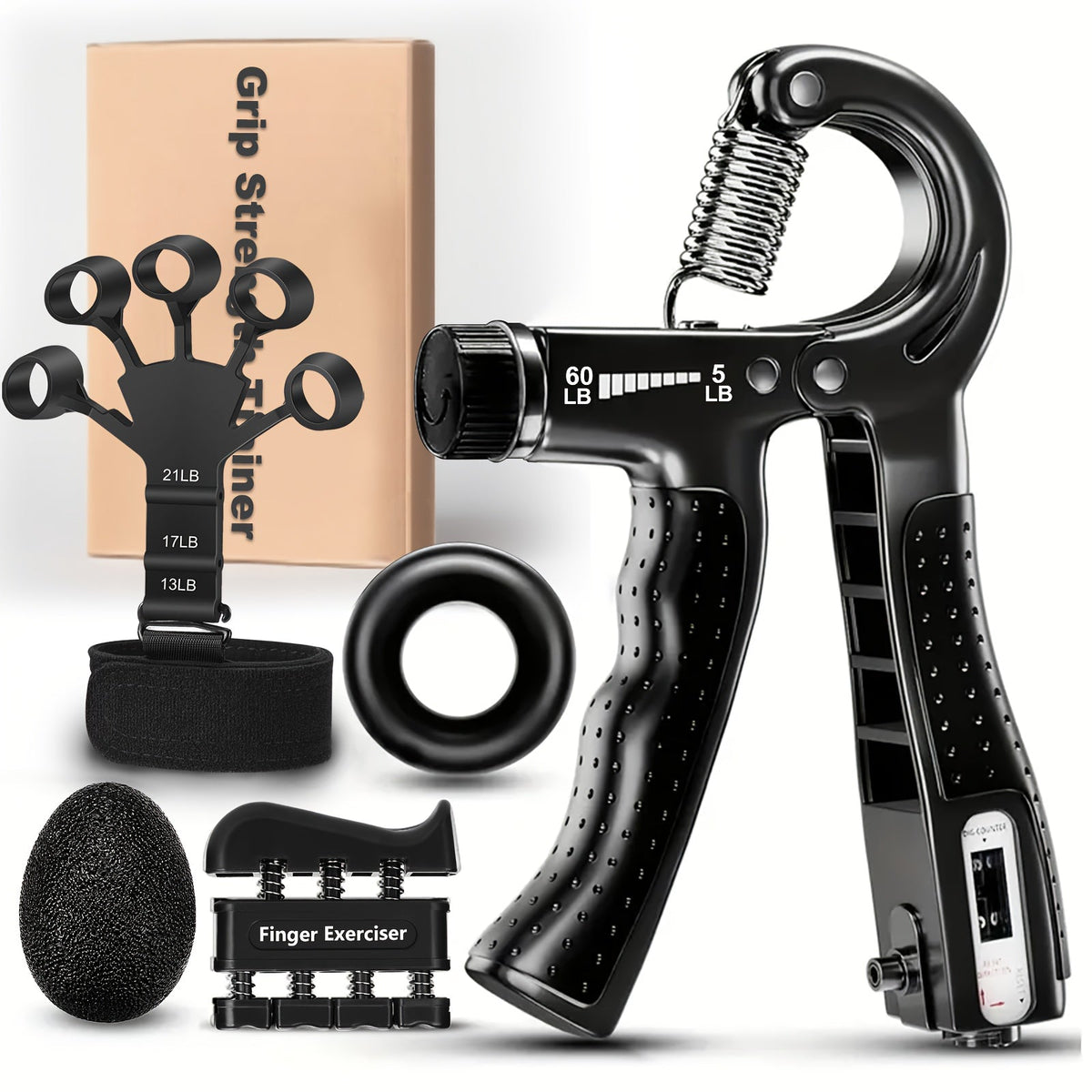 Grip Strength Trainer 5-Piece Set β Adjustable Hand Gripper 10-130 lbs with Smart Counter, Finger Exerciser, Finger Stretcher, Forearm Workout Ring & Hand Exercise Ball for Men Women Athletes