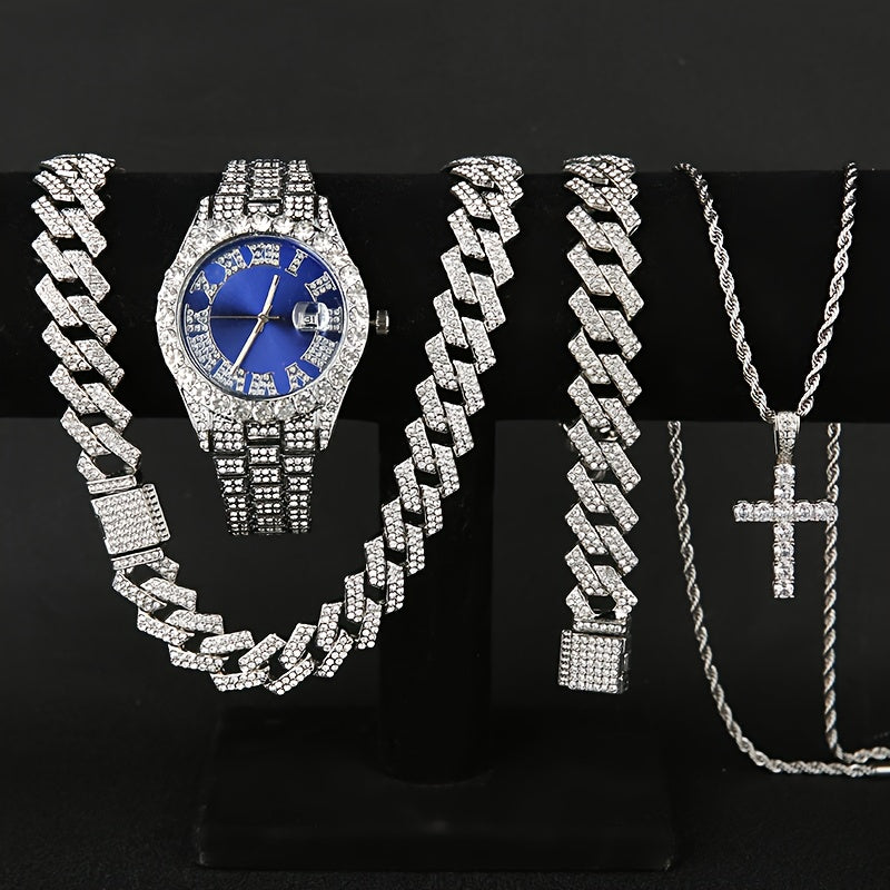 Ensemble cadeau pour homme : montre à quartz avec strass, collier et bracelet, 3 ou 4 pièces – Parure de bijoux avec collier croix pour homme, accessoire de fan de football, cadeau d'anniversaire ou de fêtes, argenté ou doré