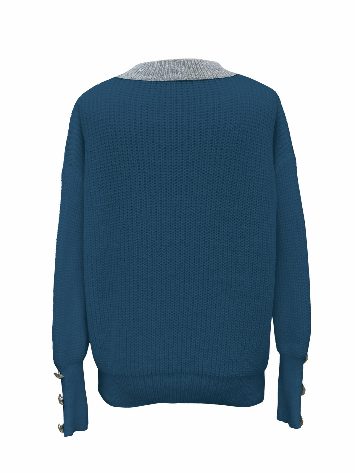 Women's V-Neck Button-Decorated Pullover Sweater β Casual Solid Color Knit Top for Fall Winter, Lightweight Polyester Stretch Pullover, Sizes S-XXL, White & Sea Blue