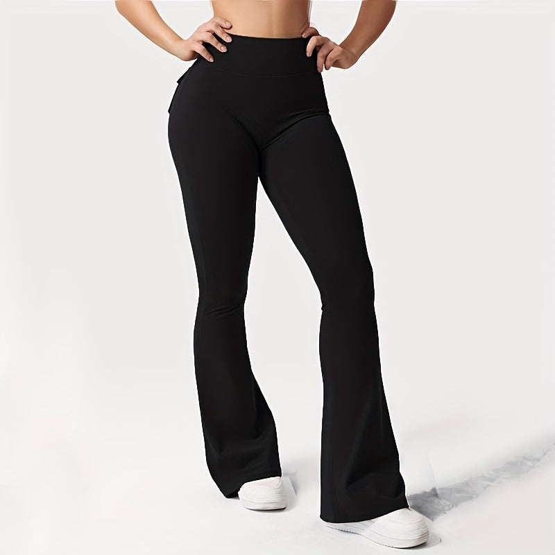 Ensemble 3 pièces pour femme : pantalon de yoga évasé à taille haute avec ceinture et poches, legging galbant effet push-up, squat-proof, 90 % polyester extensible, coupe évasée pour le sport, la gym, la course et le quotidien