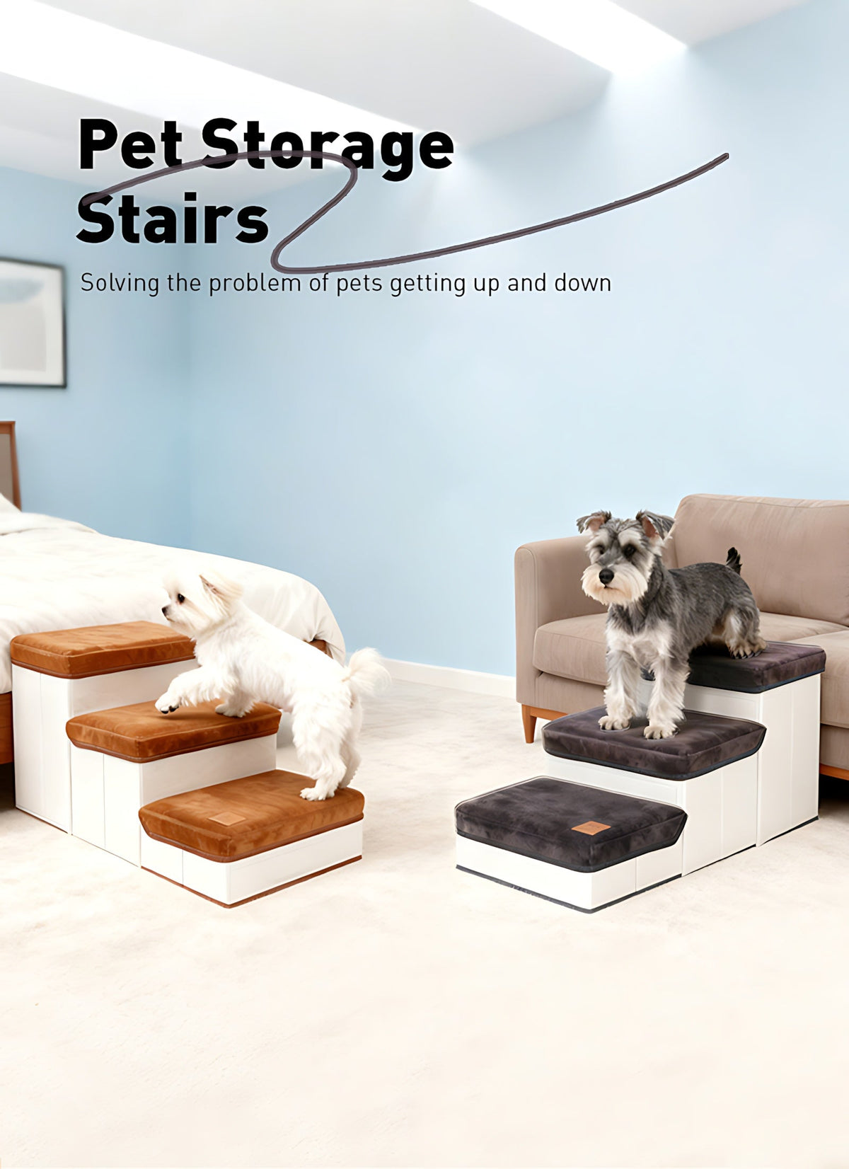 Escalier pliable pour petits chiens à 3 marches – Rampe pour animaux en nylon antidérapant pour lits et canapés surélevés, design pliable compact, marron et blanc, inclut une peluche en forme de patte de poulet en bonus