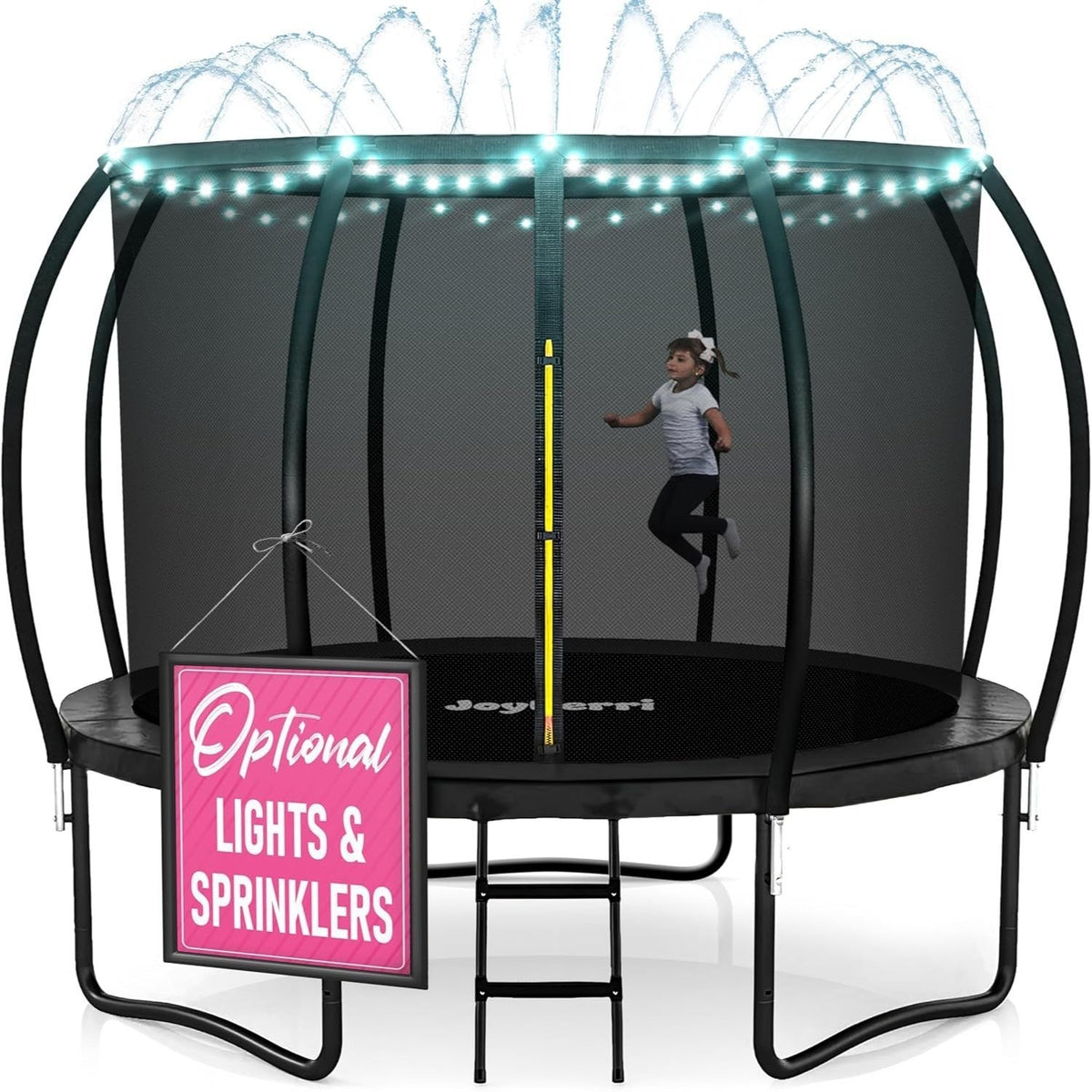 Trampoline d'extérieur JoyBerri avec filet de sécurité - Trampoline de jardin de 8 à 16 pieds pour enfants et adultes, cadre robuste antirouille, lumières LED, arroseur et échelle inclus | Cadeau de remise en forme amusant pour toute la famille