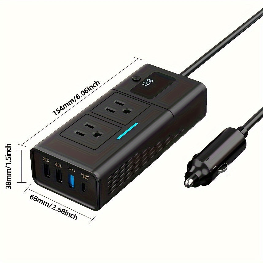 Onduleur de voiture 200W 12V vers 110V AC – Convertisseur DC vers AC avec USB-C, charge rapide QC3.0 et deux ports USB, adaptateur de prise de voiture pour ordinateur portable, téléphone, camping et voyages (aucune batterie requise)