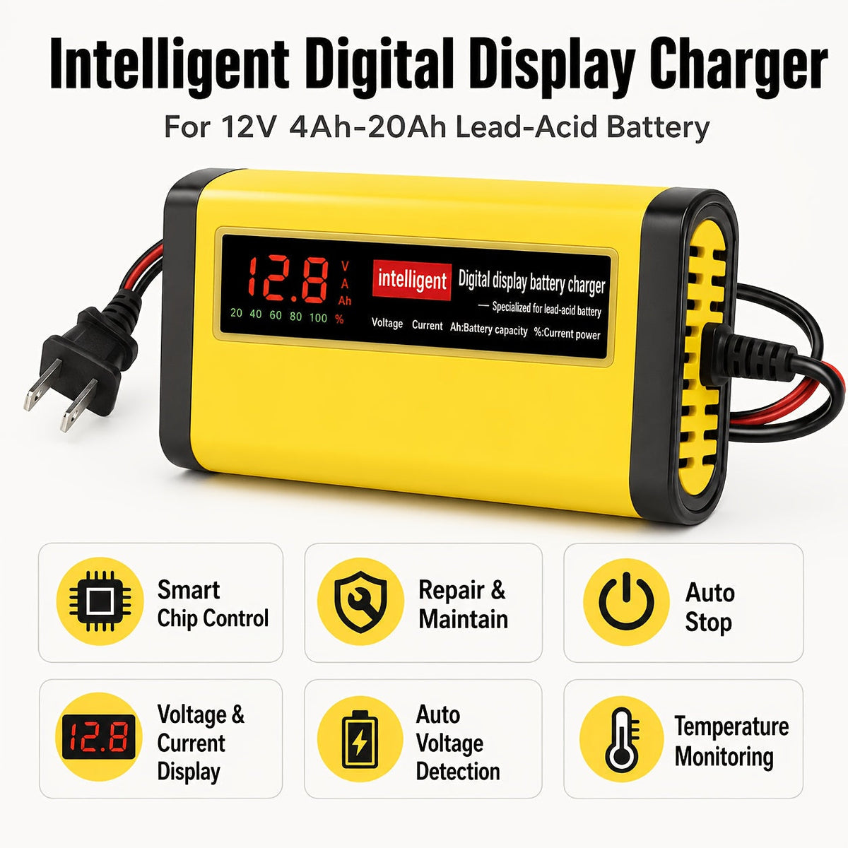Chargeur et mainteneur de batterie de voiture intelligent 12V, chargeur d'entretien intelligent avec désulfatation et compensation de température pour batteries de 2Ah-100Ah – Compatible avec voiture, camion, moto et tondeuse à gazon