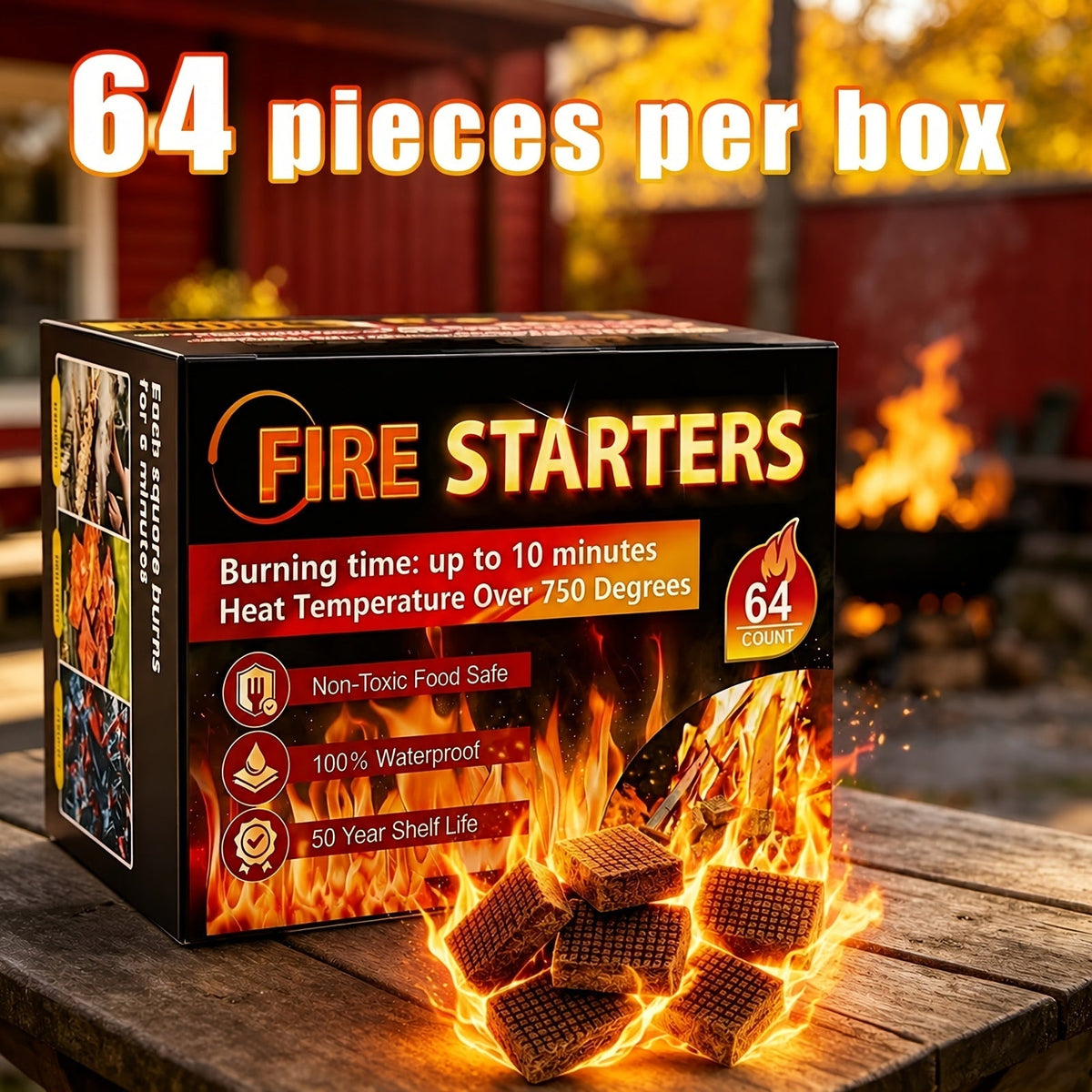 Allume-feu en cubes – Cubes d'allumage pour charbon de bois, imperméables et sans odeur, pour feu de camp, barbecue, grill, cheminée et poêle à bois, aucun petit bois nécessaire, paquets de 32/64/128/192 pièces