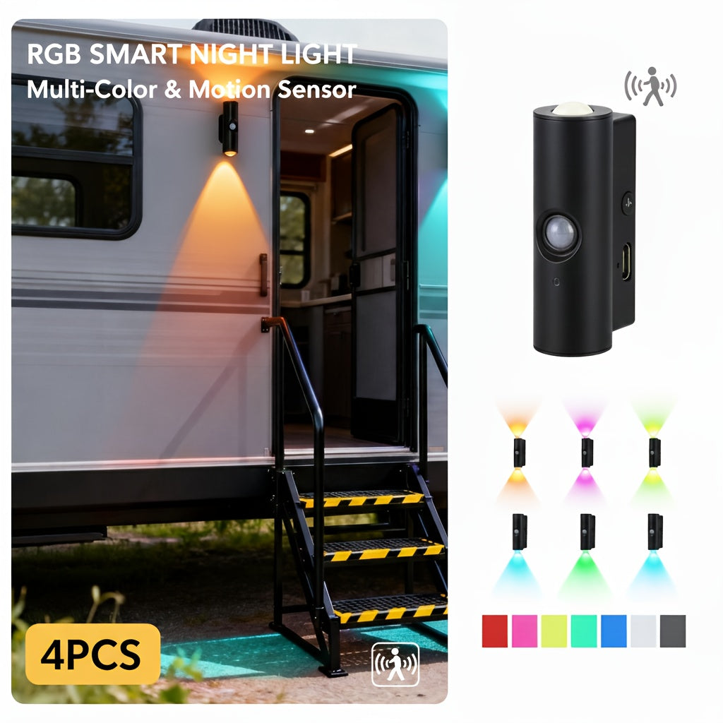 Lot de 4 appliques murales à détecteur de mouvement – Veilleuse LED magnétique, sans fil et rechargeable, double tête, 3 couleurs RVB, pour chambre, escalier, placard, armoire et intérieur de camping-car | Velora