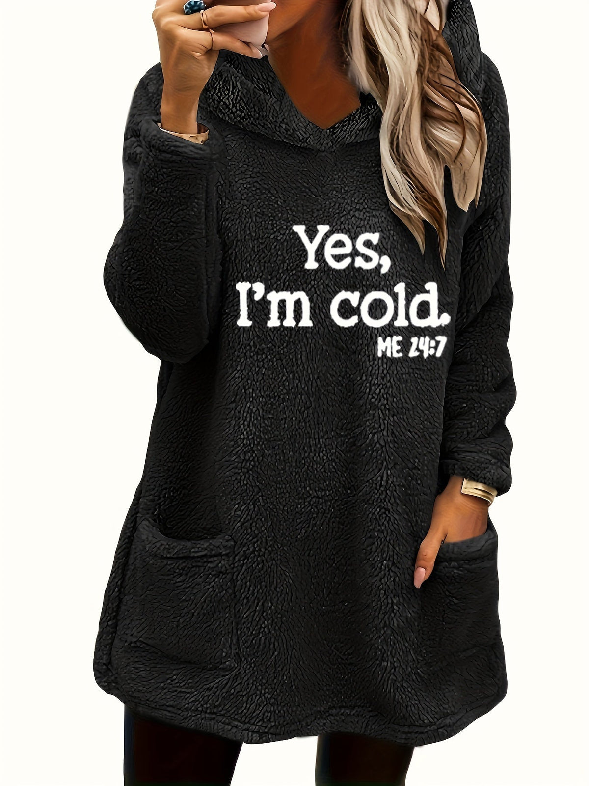 Women's "Yes I'm Cold" Teddy Bear Graphic Hooded Sweatshirt – Cozy Fleece-Lined Pullover Hoodie Double Pocket Long Sleeve 100% Polyester Fall Winter Casual Top