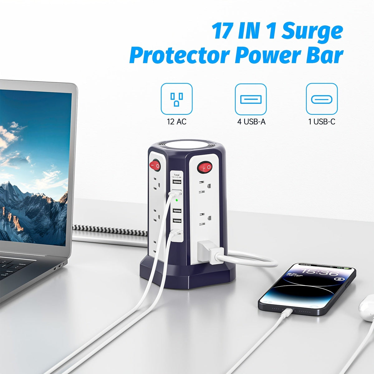 Tour multiprise, 16 prises CA, 5 ports USB, USB-C PD 20W, parafoudre 1500J, prise plate, rallonge de bureau