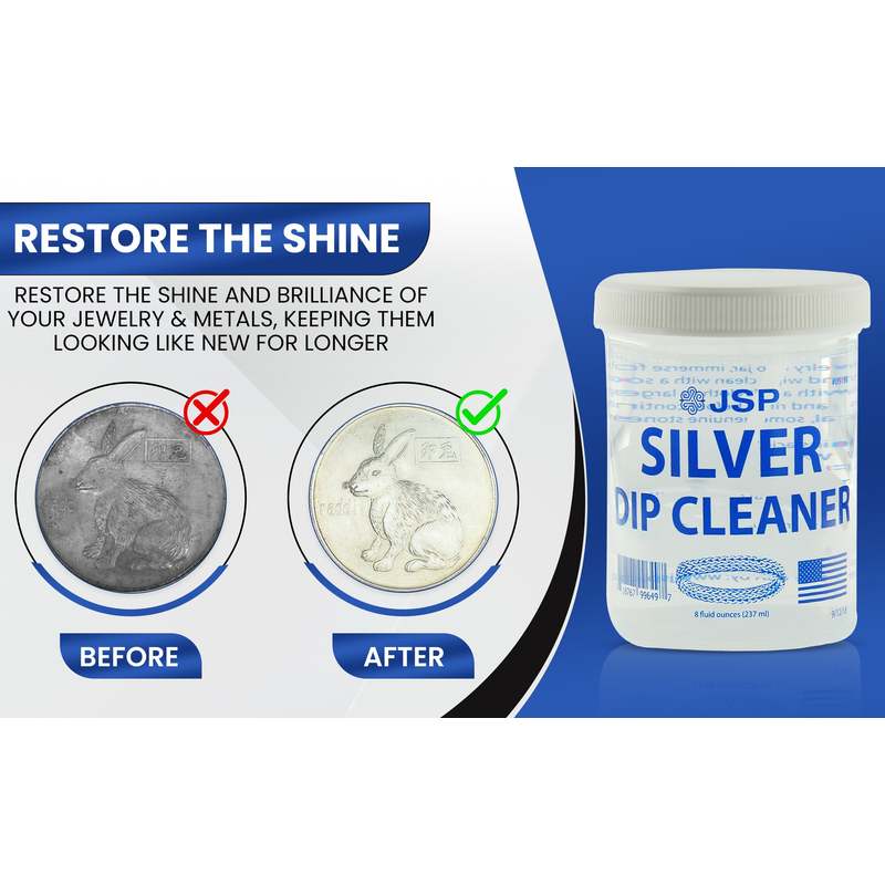 Nettoyant pour argent sterling et éliminateur de ternissure JSP, 236 ml (8 oz) – Solution de nettoyage pour bijoux en argent 925 et 999 avec panier d'immersion et chiffon en microfibre, redonne de l'éclat à l'argent, à l'or et aux métaux précieux