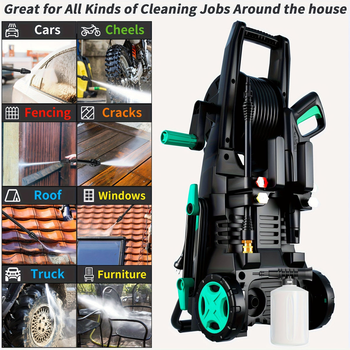 Nettoyeur haute pression électrique 4500 PSI 3,2 GPM – avec canon à mousse, 4 buses à connexion rapide, tuyau d'admission et filtre pour le nettoyage des voitures, clôtures, allées et de la maison