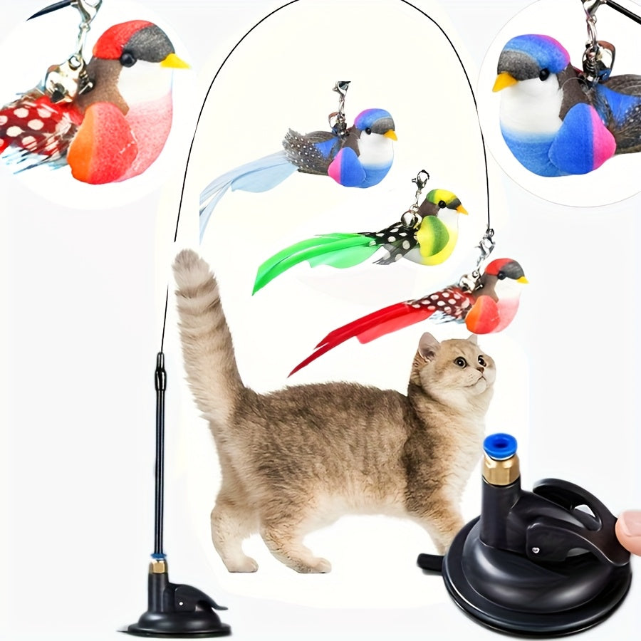 Jouet canne à pêche pour chat avec oiseau simulateur et base à ventouse - Ensemble interactif avec plumes et clochette pour l'exercice et le jeu en solitaire, sans pile, jouet d'intérieur pour chaton et chat