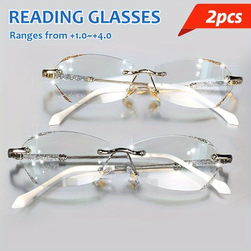 Lot de 2 lunettes de lecture sans monture à effet diamant pour femmes – Verres PC anti-lumière bleue, monture en métal légère, plaquettes de nez flexibles, puissances de +1.0 à +4.0 pour l'ordinateur et la lecture