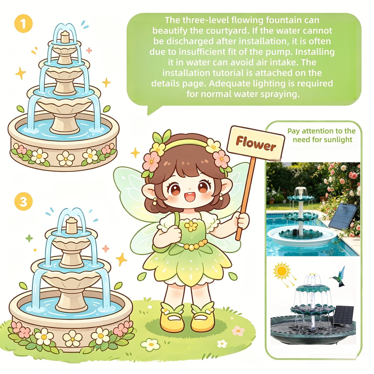 Fontaine à oiseaux solaire à 3 niveaux 3,5 W – Pompe de fontaine solaire pour décoration de jardin ou cour extérieure, sans câblage, vert foncé, bleu clair ou fontaine seule, options à un ou trois niveaux
