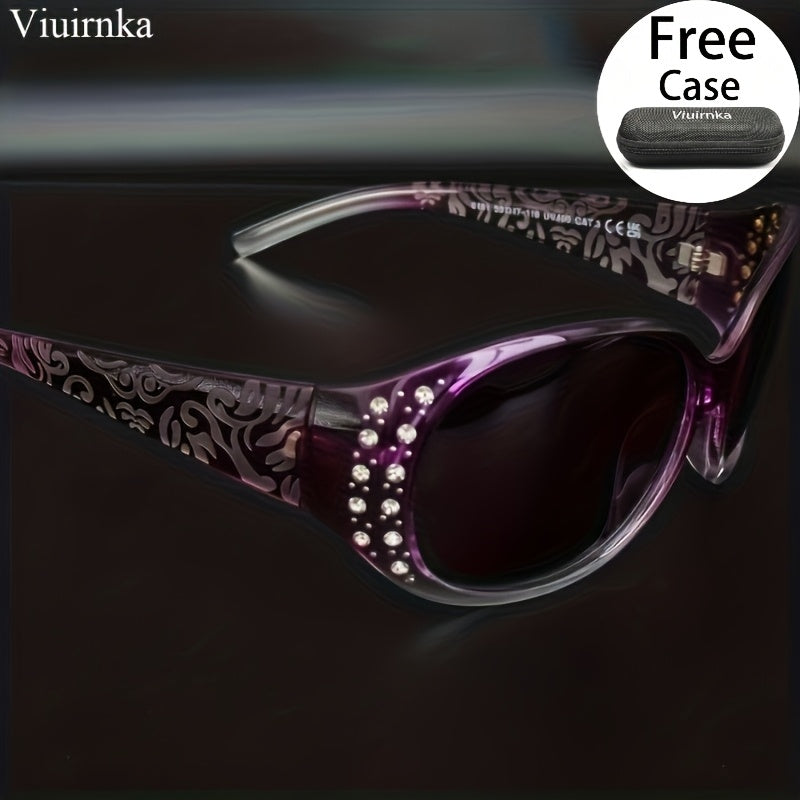 Lunettes de soleil œil-de-chat à strass pour femme – Lunettes avec protection UV et ornements floraux, monture légère pour la plage, la conduite, l'extérieur, le style urbain et les vacances, accessoire de mode tendance en cadeau