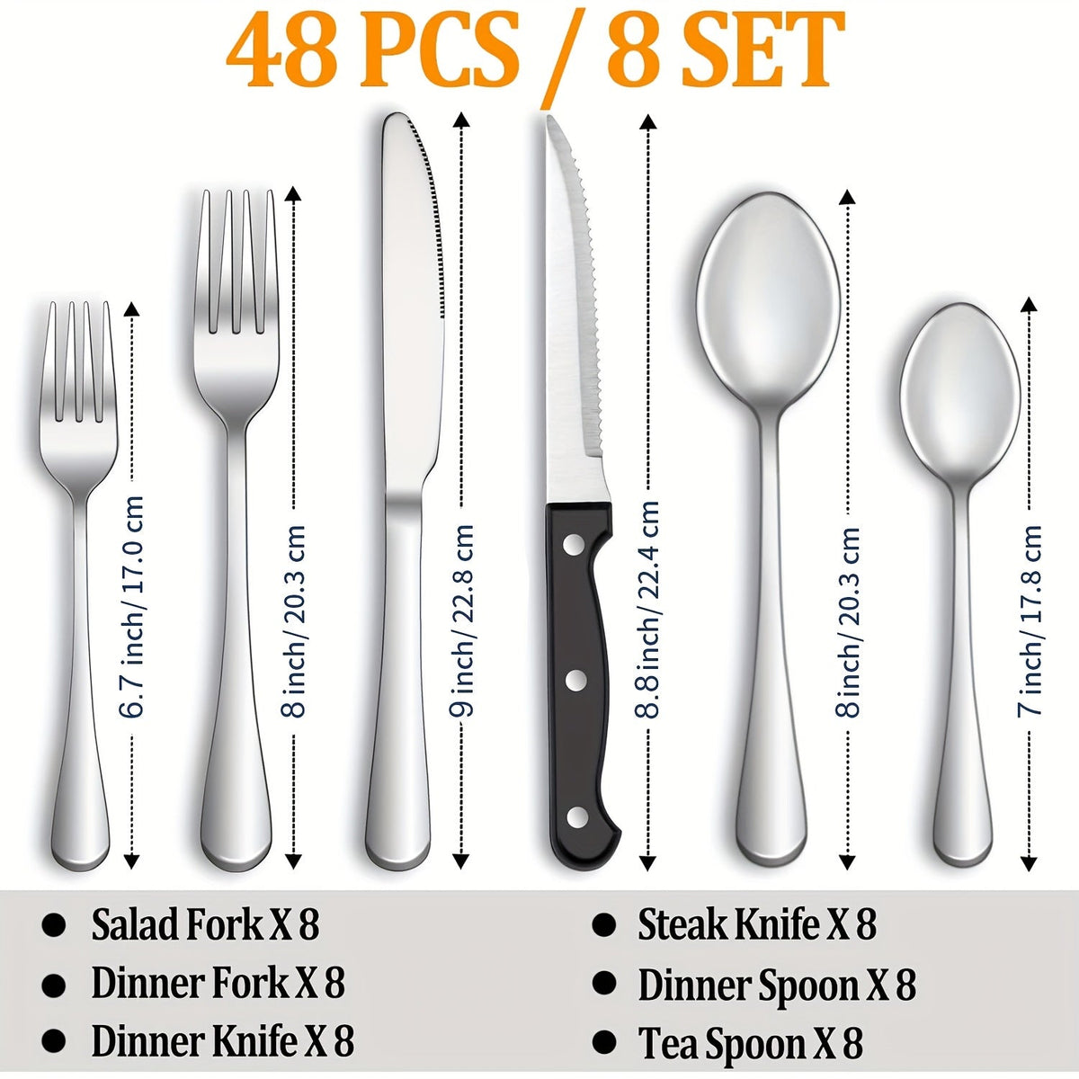 Service de couverts 48 pièces avec couteaux à steak pour 8 personnes – Ménagère en acier inoxydable 304, finition miroir, lavable au lave-vaisselle, cuillères, fourchettes, couteaux, argenté noir