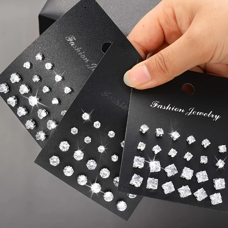 Lot de 72 boucles d'oreilles puces en zircon pour femmes et hommes, ensemble géométrique cœur, rond, carré, bijoux fantaisie étincelants en cristal, cadeau hypoallergénique
