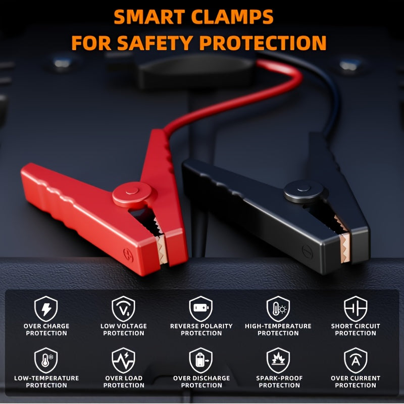 Démarreur de batterie portable 6000 mAh avec compresseur d'air 150 PSI, affichage numérique, charge USB-C, éclairage LED et double protection de sécurité pour voitures, camions et SUV - Kit d'urgence pour voyages et camping en plein air