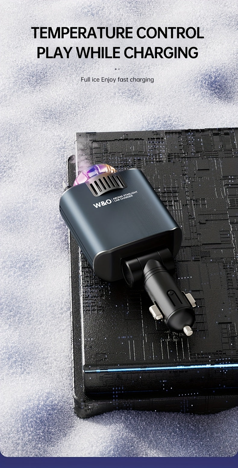 Chargeur de voiture rétractable 3-en-1 avec projecteur d'étoiles et aromathérapie – Câble USB-C à charge rapide de 80 cm pour iPhone 16 17 et Galaxy S25 S26, chargeur de téléphone pour voiture avec éclairage d'ambiance (parfum vendu séparément)