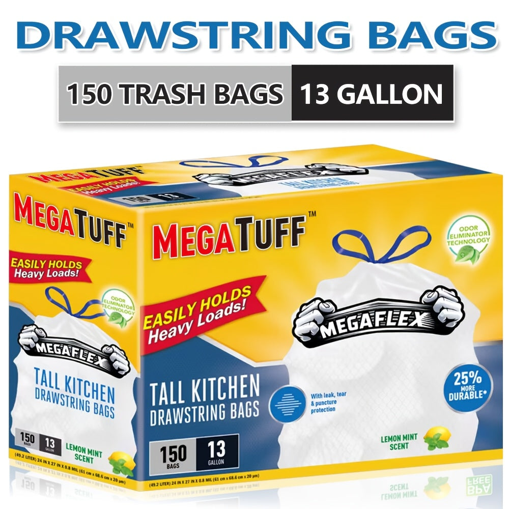 Sacs poubelle de cuisine de 50 litres avec liens coulissants et neutralisateur d'odeurs – Sacs jetables résistants aux perforations et aux déchirures, parfum frais menthe et citron, disponibles en boîtes de 78 et 150 unités