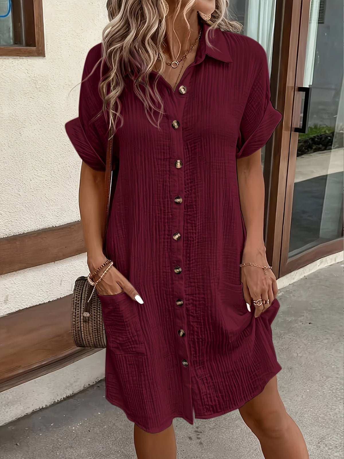 Robe chemise boutonnée unie pour femme – Robe tunique rétro décontractée à revers respirante pour un usage quotidien en toute saison