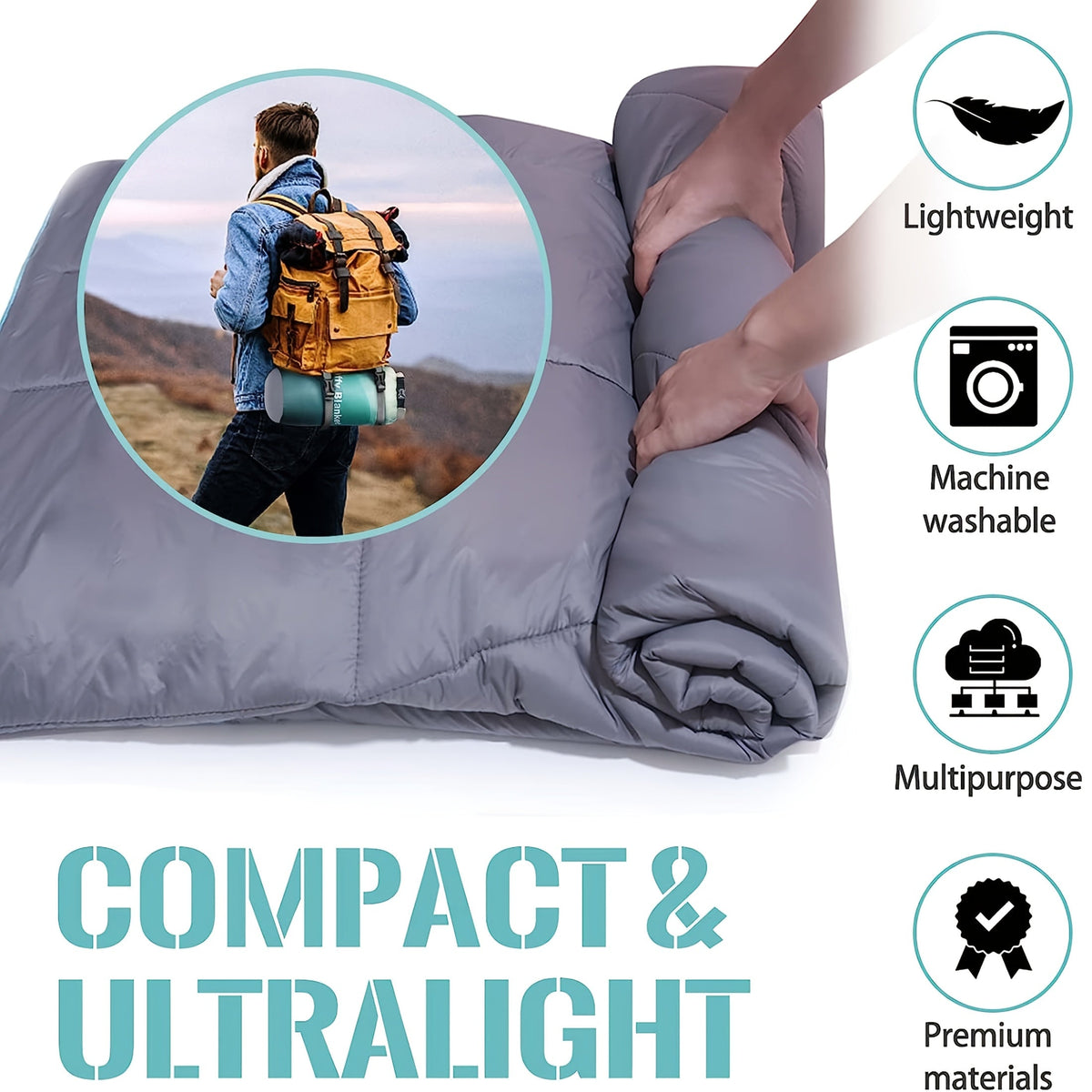 Couverture de camping matelassée pour extérieur 140x200 cm, légère, alternative au duvet, ultra chaude, couette de hamac – Couverture de camping imprimée pour les voyages, pique-niques, fêtes sur la plage et temps froid | 140x200 cm