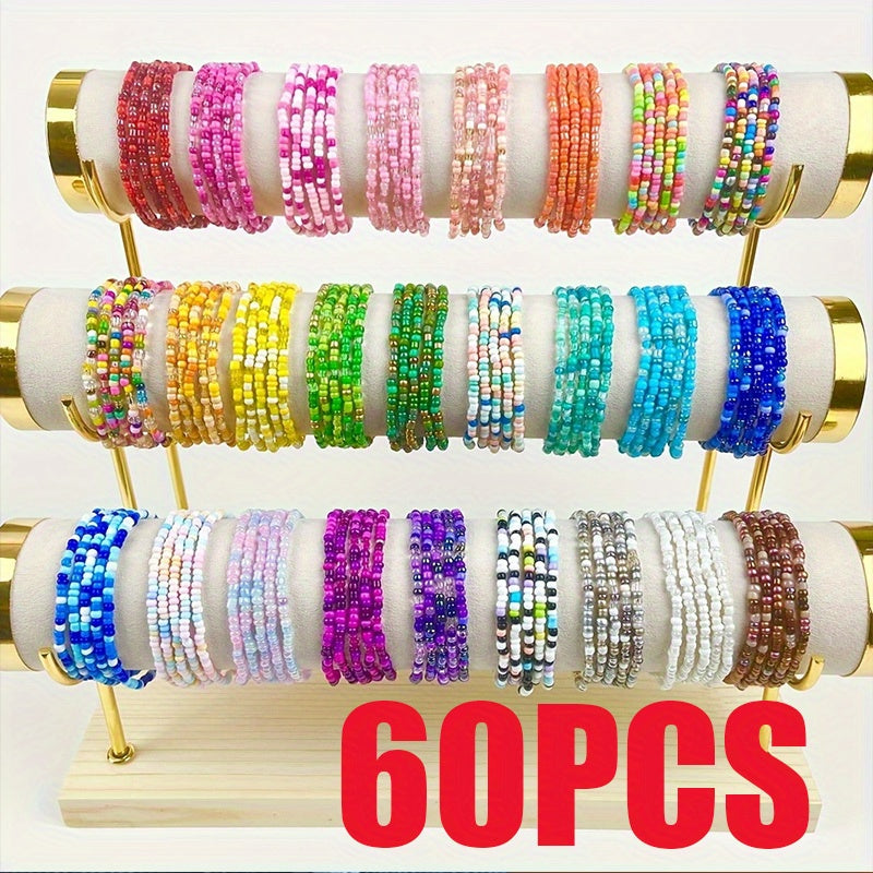 Lot de 60 bracelets en perles colorées – Couleurs assorties, bracelets extensibles style bohème empilables pour femmes et filles, accessoires de bijoux pour fêtes de vacances à la plage