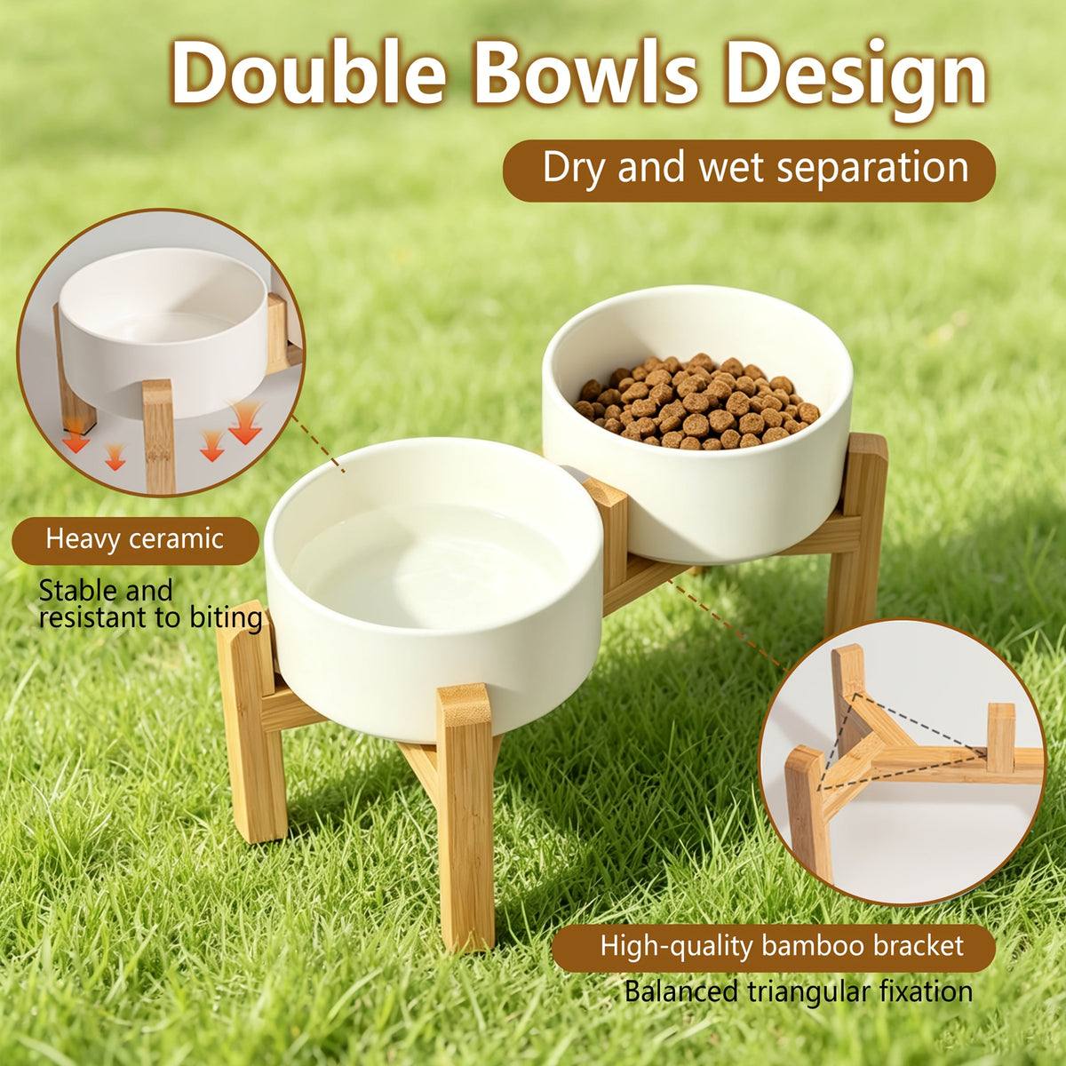 Ensemble de gamelles surélevées en céramique pour chien avec support en bambou - Double gamelle surélevée antidérapante de 850 ml pour chiens, chats et chiots, gamelle anti-glouton à hauteur réglable avec rangement (4 couleurs)