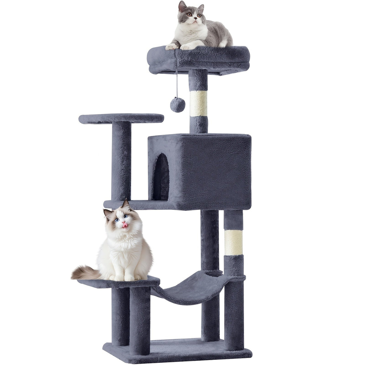 Arbre à chat de 112 cm avec niche et hamac – Poteaux à griffer en sisal naturel, perchoirs à plusieurs niveaux et maison pour chats d'intérieur, disponible en beige, gris, rose et noir/rouge