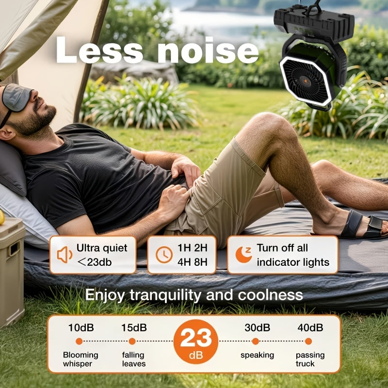 Ventilateur de camping à batterie 20 000 mAh, autonomie 59 h – Ventilateur oscillant portable rechargeable avec télécommande, 4 vitesses, éclairage LED et crochet pour tente, extérieur, terrasse, garage, coupure de courant ou ouragan