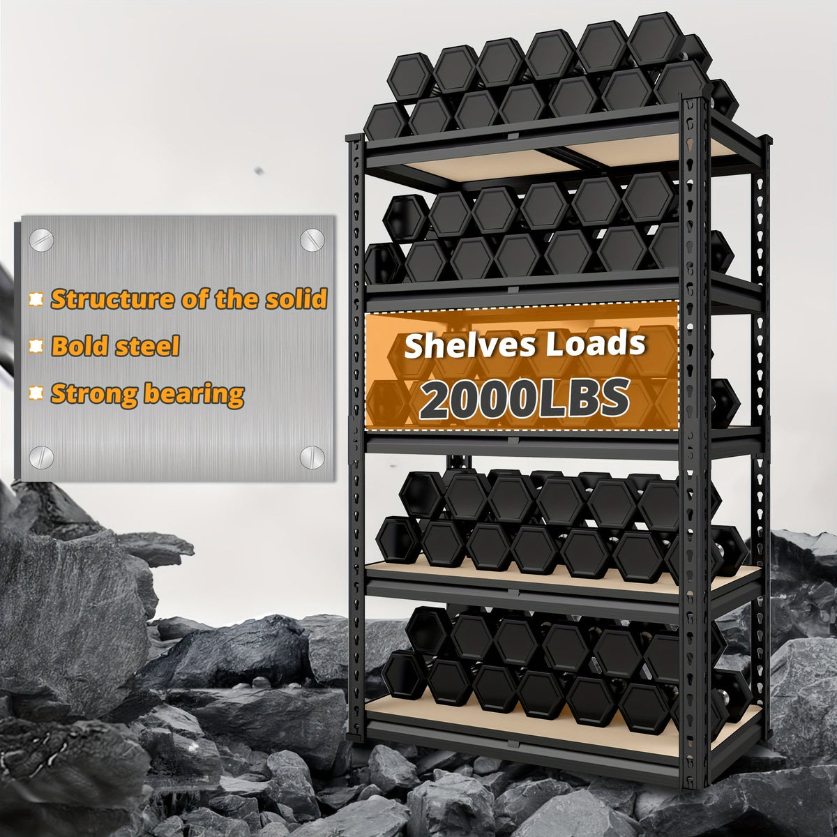 Étagère de rangement robuste en métal à 5 niveaux pour garage, 907 kg (2000 lb) – Étagère de rangement en acier réglable de 152 à 183 cm pour garage, sous-sol, garde-manger, cuisine et entrepôt, assemblage sans outils, noir
