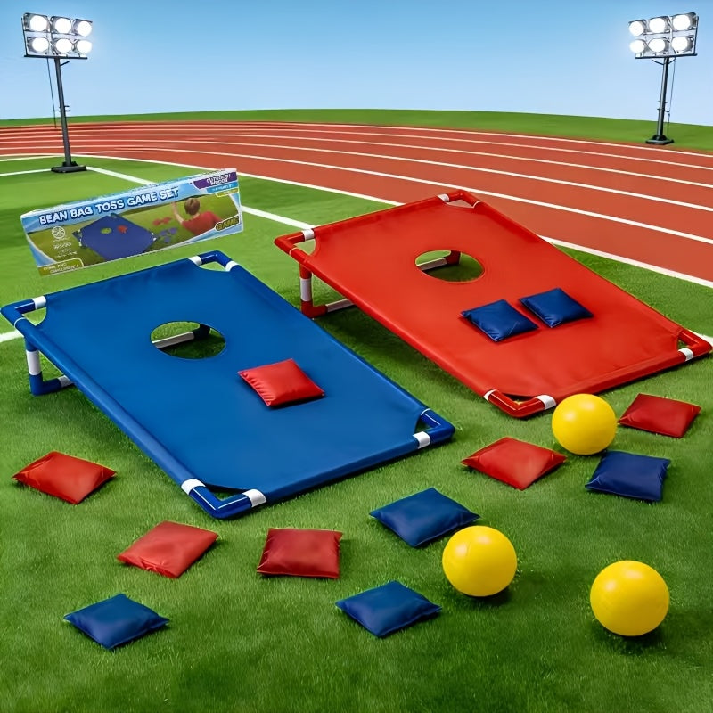 Jeu de cornhole avec 6 sacs de haricots, plateau bicolore et sac de transport pour jardin, fête en plein air, plage, camping, divertissement en intérieur – Coffret cadeau inclus Rouge Bleu