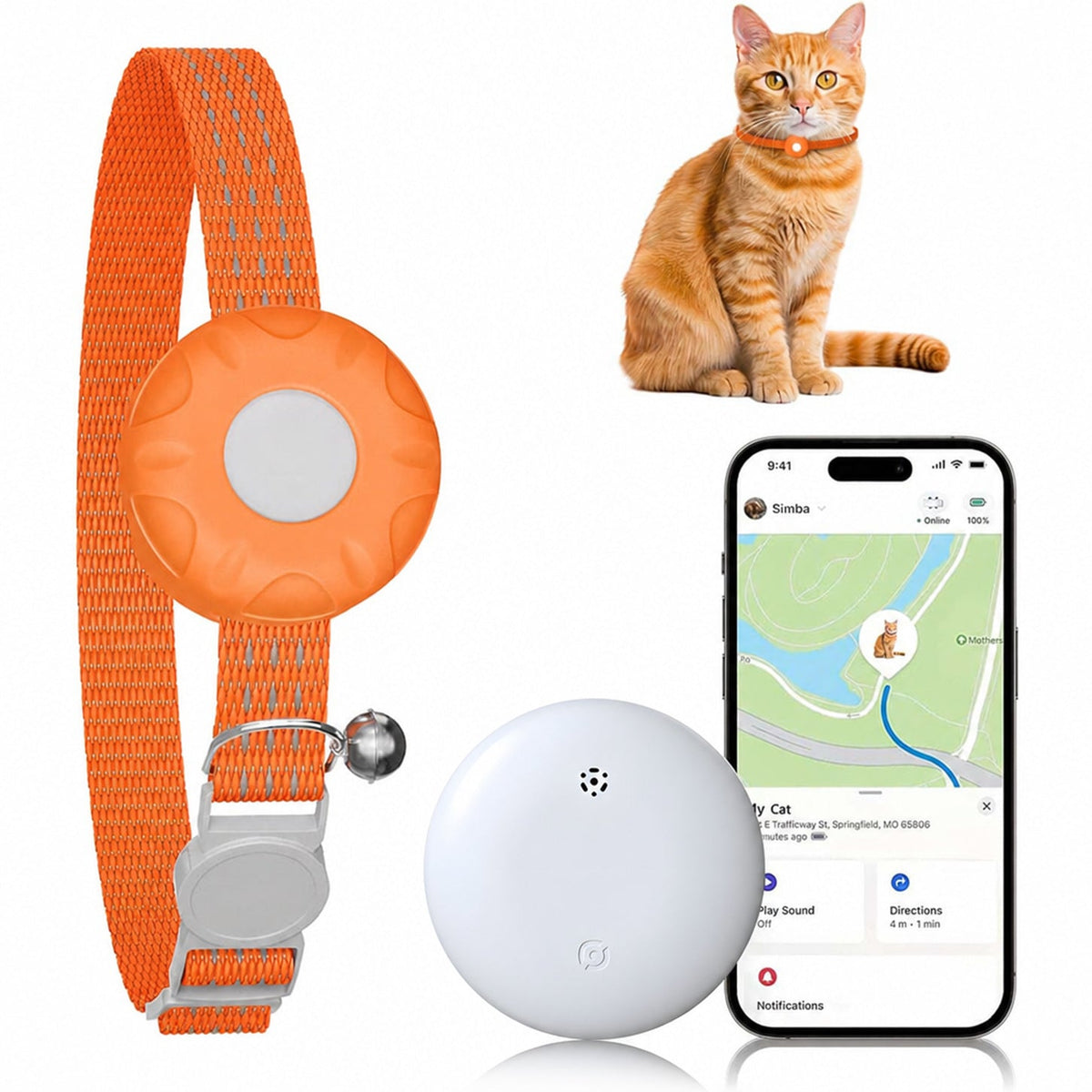 Traceur GPS léger pour chats – Compatible avec Apple Localiser et Localiser mon appareil Android, localisation en temps réel, sans frais mensuels, alertes de zones intelligentes, dispositif de suivi anti-perte pour collier de chat