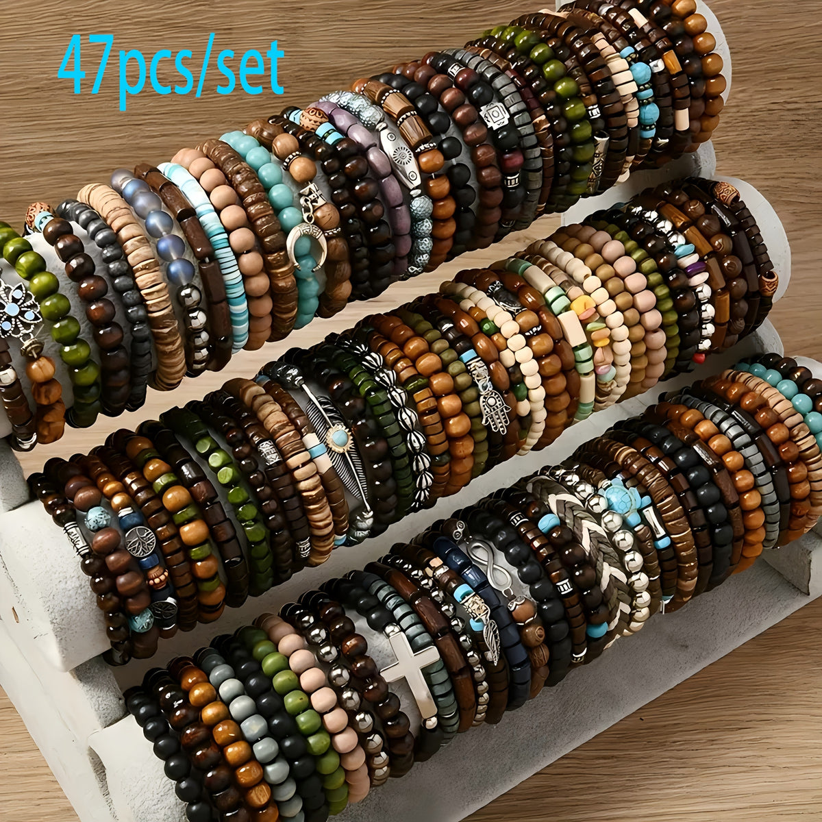 Ensemble de bracelets bohèmes en perles de bois – Bracelets élastiques empilables avec breloques tortue, croix, feuille et plume, couleurs assorties, au choix par 12, 24, 47 ou 87 pièces – Parfait pour un usage quotidien et offrir en cadeau